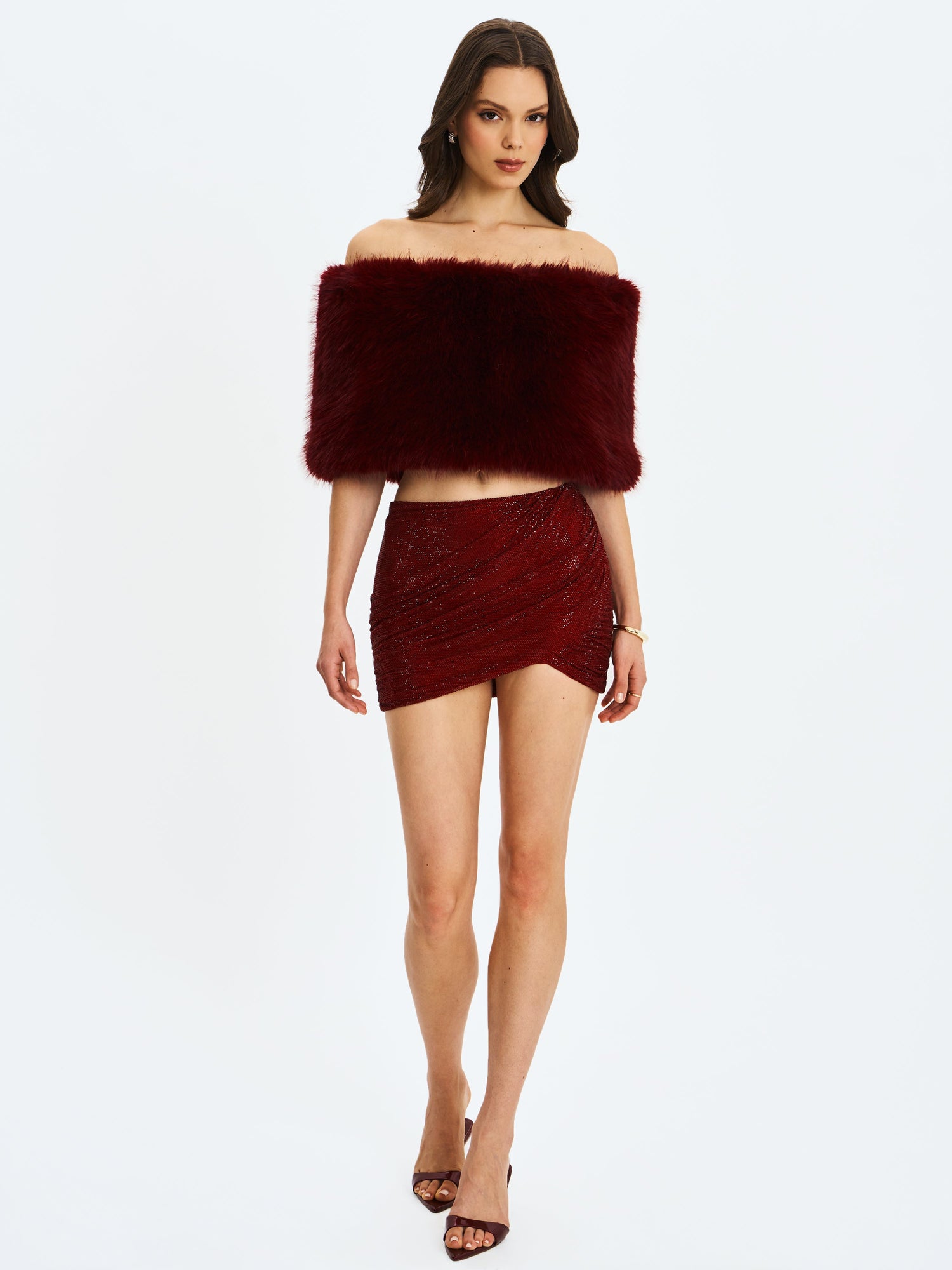Darla Faux Fur Off-Shoulder Cropped Top | Burgundy