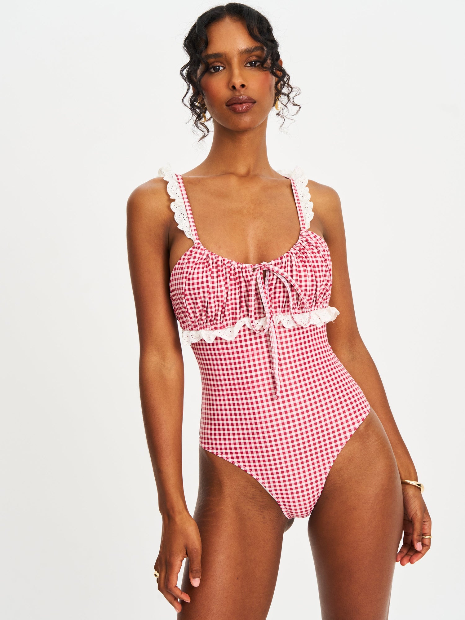 Hallie Lace Backless Swimsuit | Red Gingham