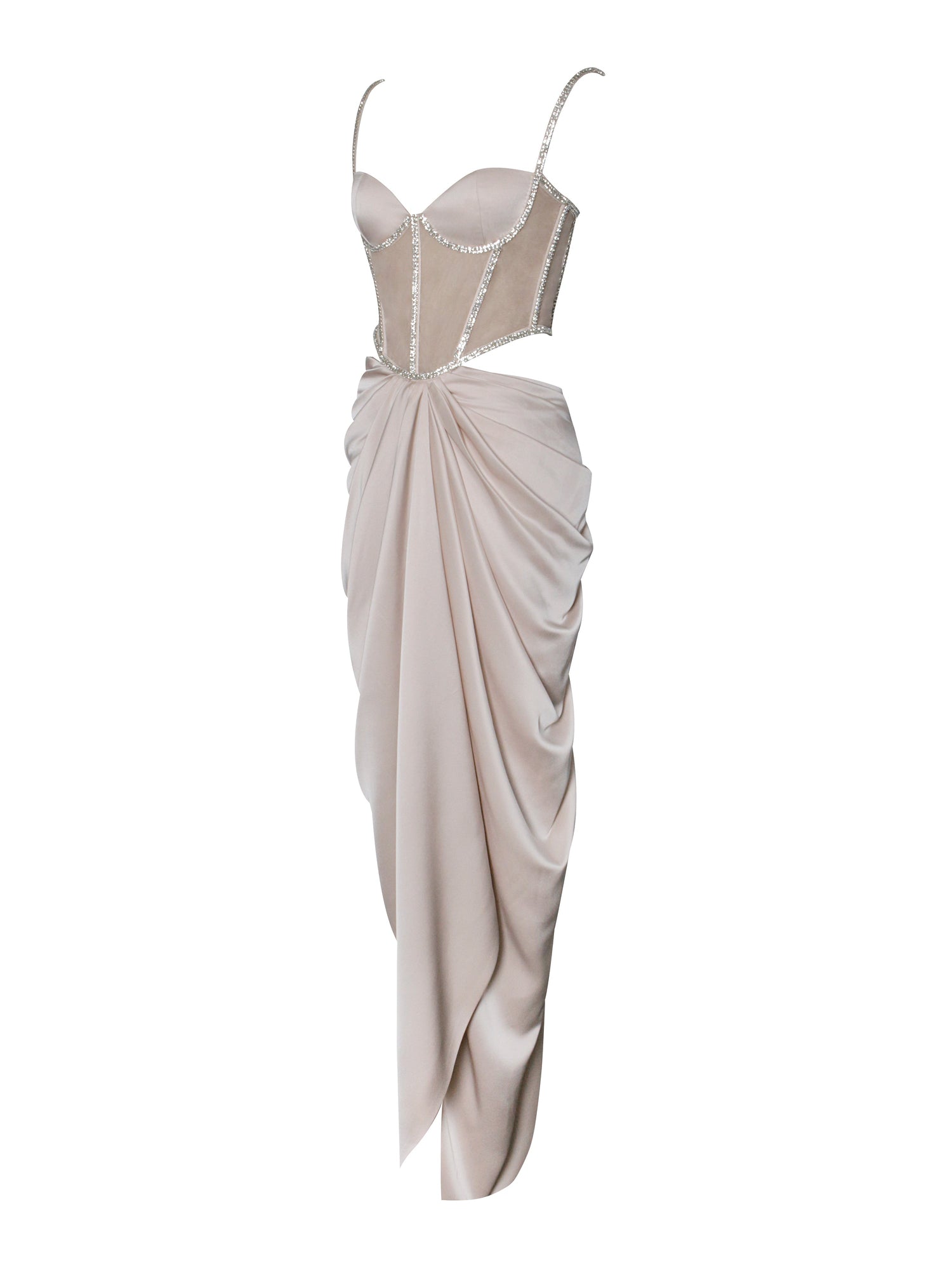 Cadence Satin Crystal Embellished Corset Dress | Champagne