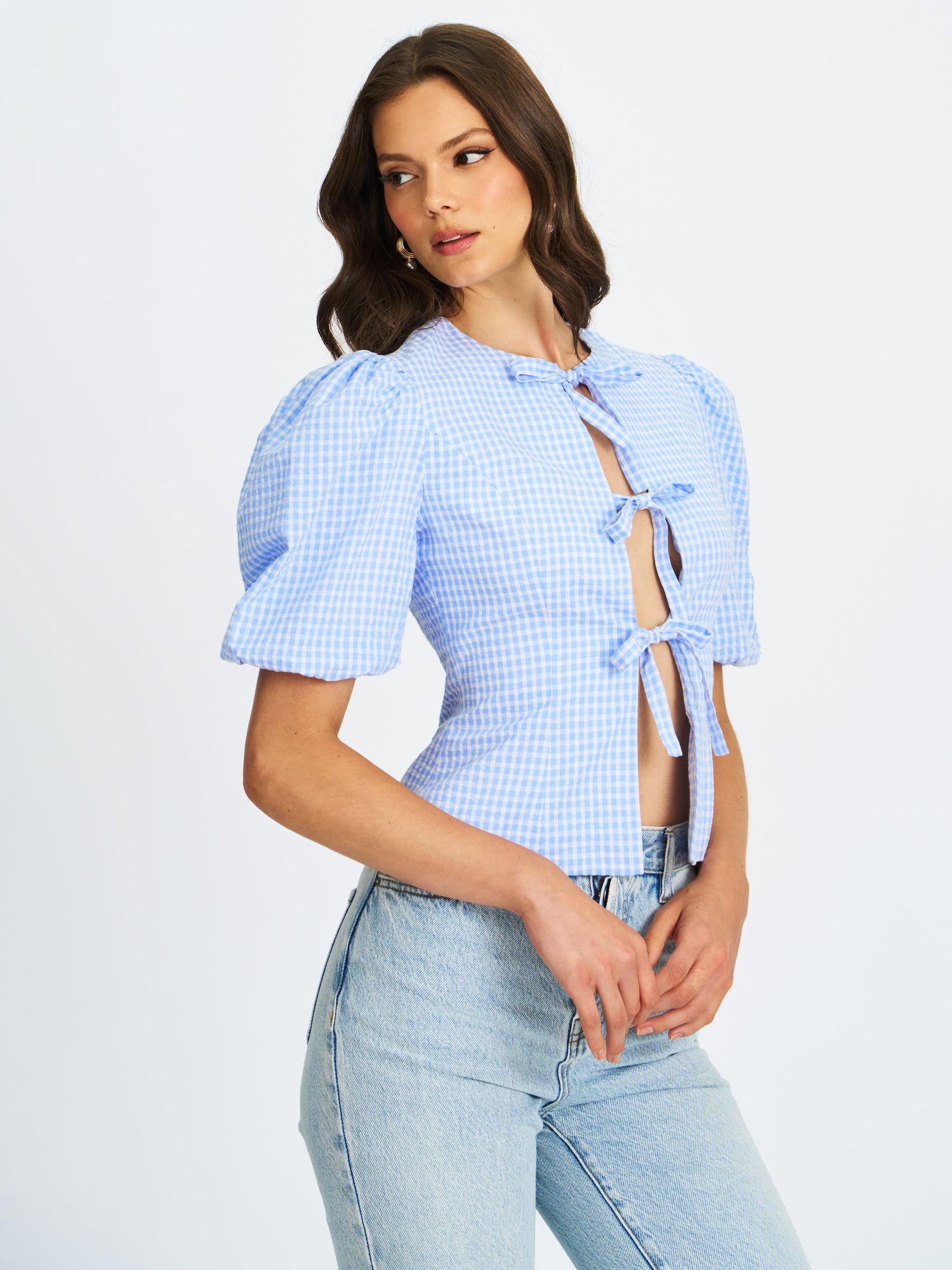 Qusayla Cotton Bubble Sleeve Bowtie Top | Baby Blue Gingham