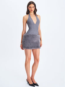Daisy Drop Waist Fur Trim Halter Mini Dress | Grey