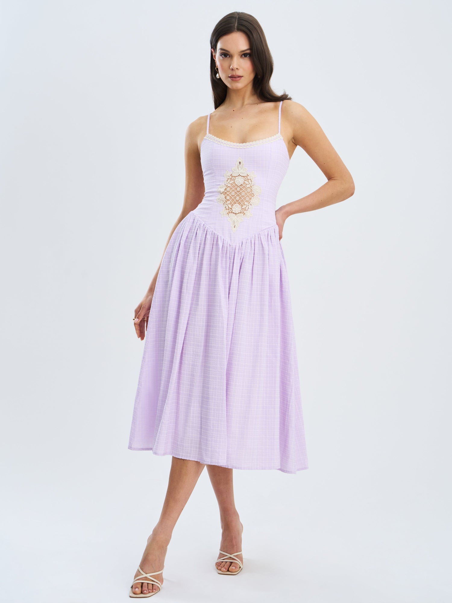 Jaclyn Lace Trim Cutout Seersucker Midi Dress | Lavender