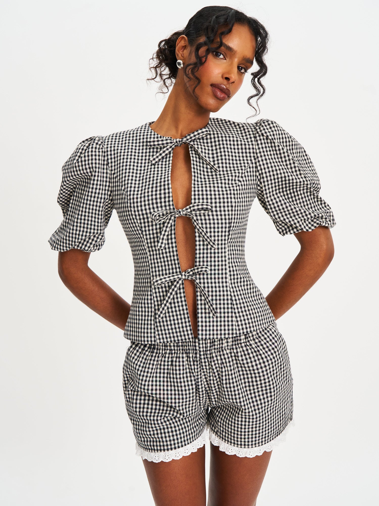 Qusayla Cotton Bubble Sleeve Bowtie Top | Black Gingham
