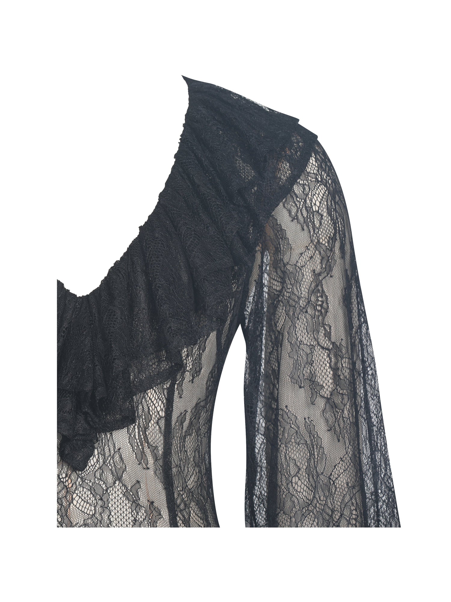 Taliah Sheer Lace Ruffled Collar Bodysuit | Black