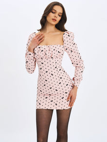 Perla Ruched Bust Velvet-Embossed Bow Mini Dress | Baby Pink
