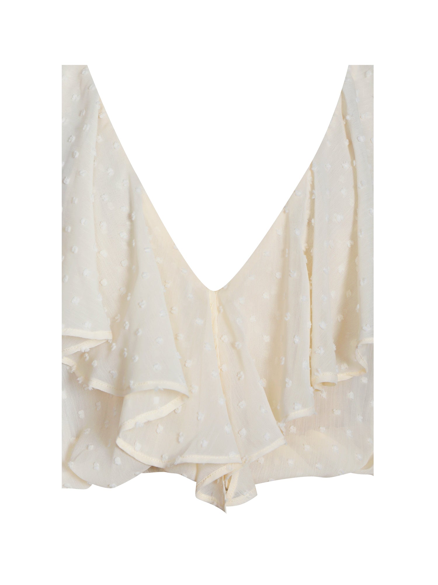 Magali Dotted Mesh Ruffle V Collar Top | Beige
