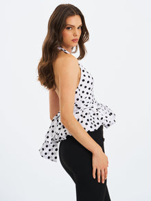 Ilene Polka Dot Cotton Poplin Bubble Hem Halter Top | Black and White Polka Dot