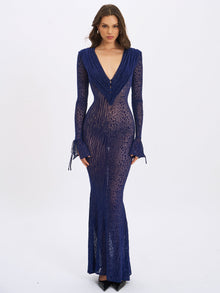 Ilyse V-Neck Plunge Animal Print Mermaid Hem Maxi Dress | Navy