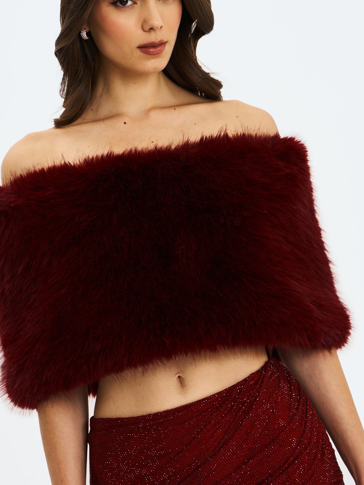 Darla Faux Fur Off-Shoulder Cropped Top | Burgundy