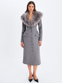 Faye Wool Blend Single-Breasted Coat with Removable Faux Fur Collar | Grey