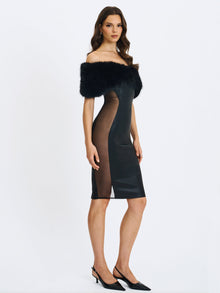 Bellis Fur Trim Mesh Panel Off-Shoulder Midi Dress | Black