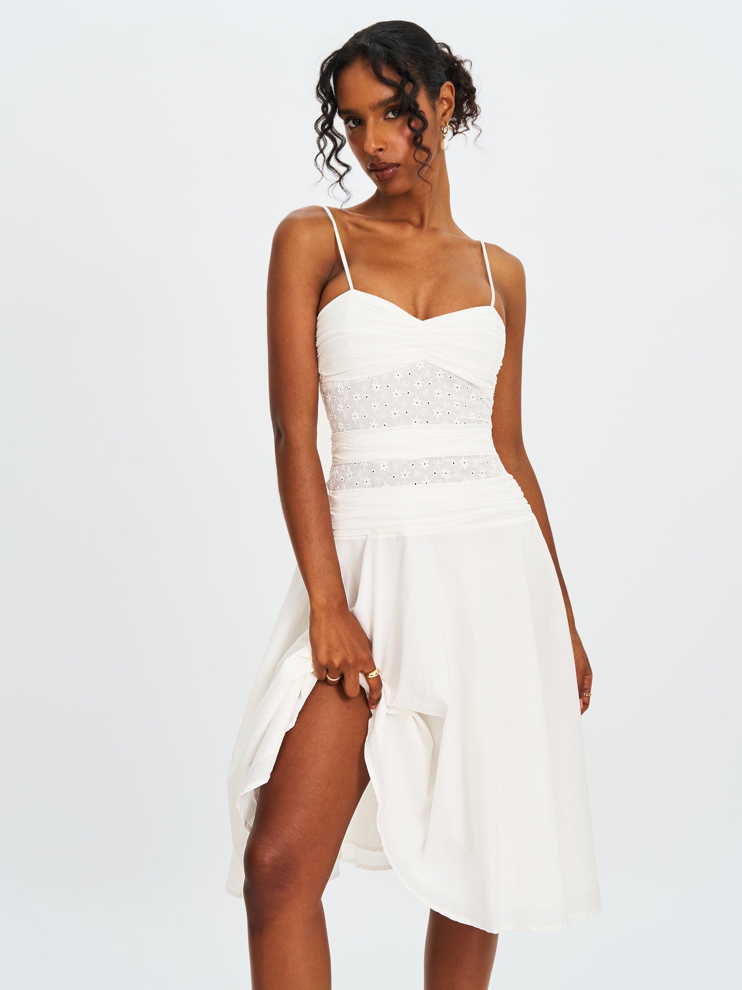 Maelis Cotton Eyelet Drop Waist Midi Dress | White
