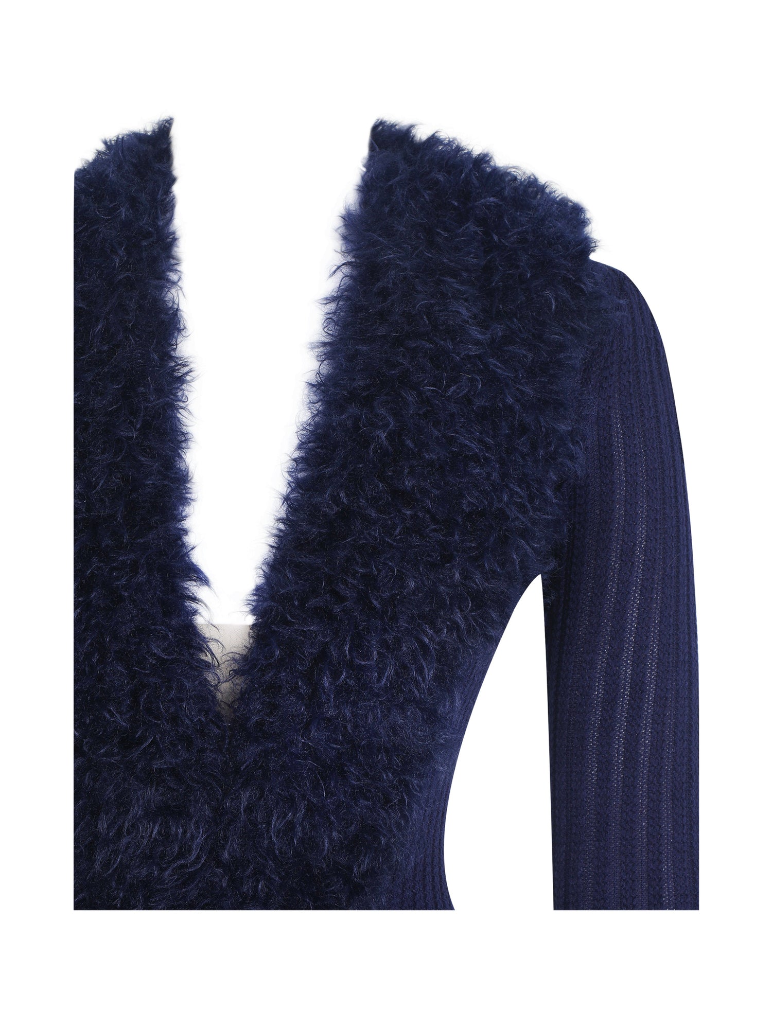 Romina Plunging Fur Trimmed Crochet Maxi Dress | Navy