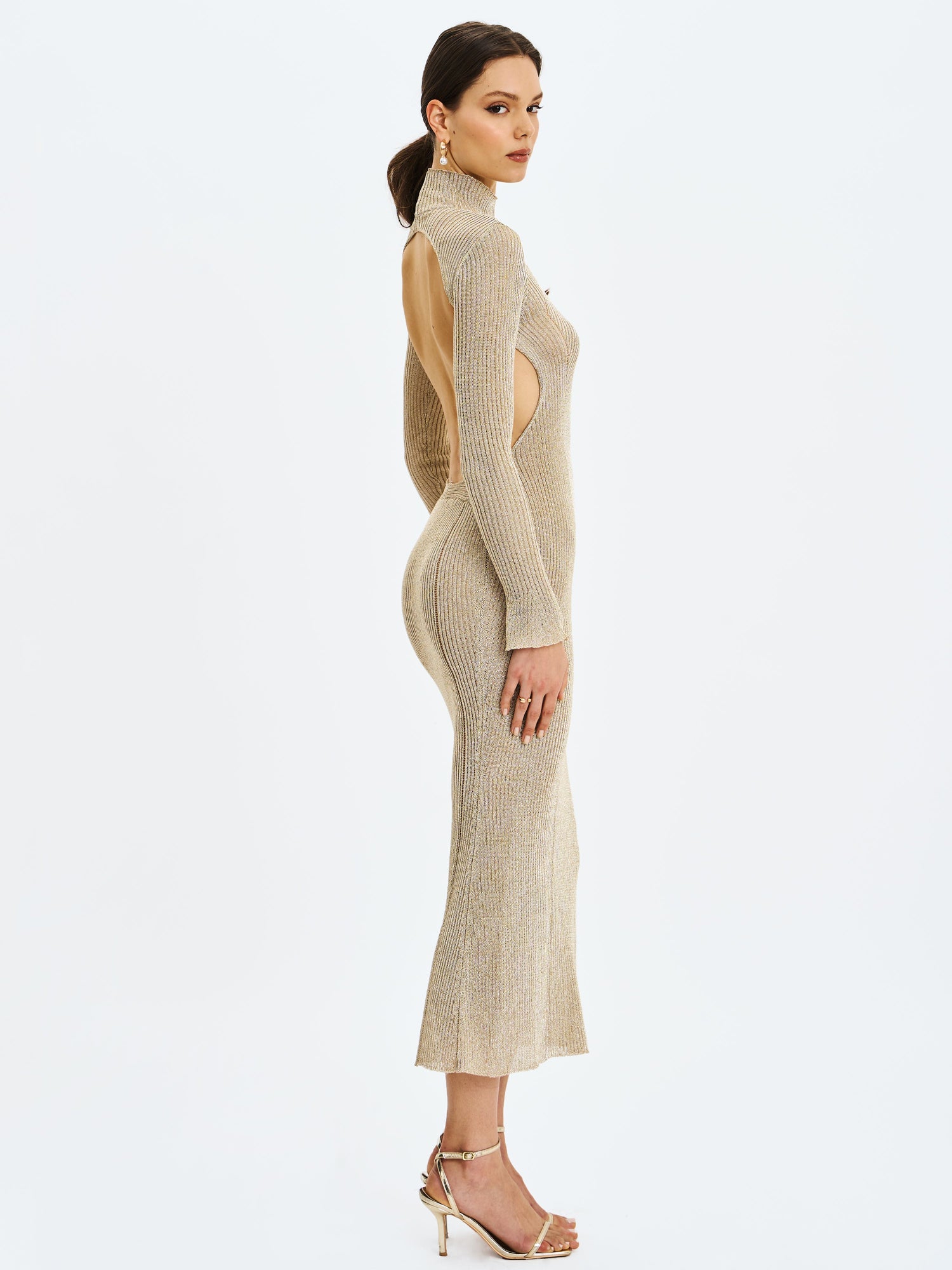 Shay Stretch Knit Backless Long Sleeve Maxi Dress | Gold