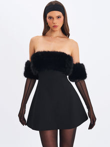 Evelyn Fur-Trimmed Mini A-Line Dress | Black