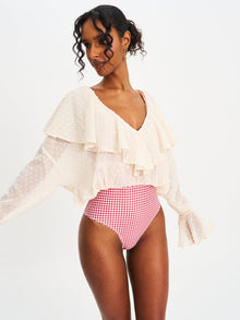 Magali Dotted Mesh Ruffle V Collar Top | Beige