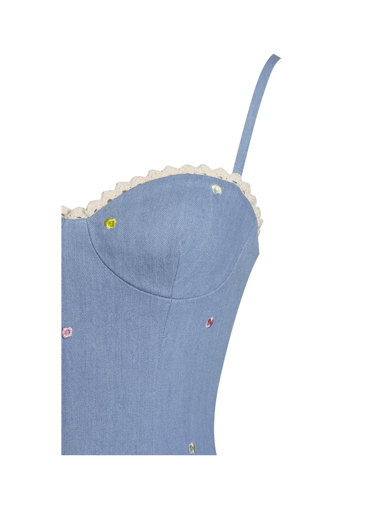 Zadie Cotton Denim Drop Waist Embroidery Flower Midi Dress | Blue