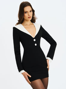 Heather Collared Decorative Button-Front Mini Dress | Black