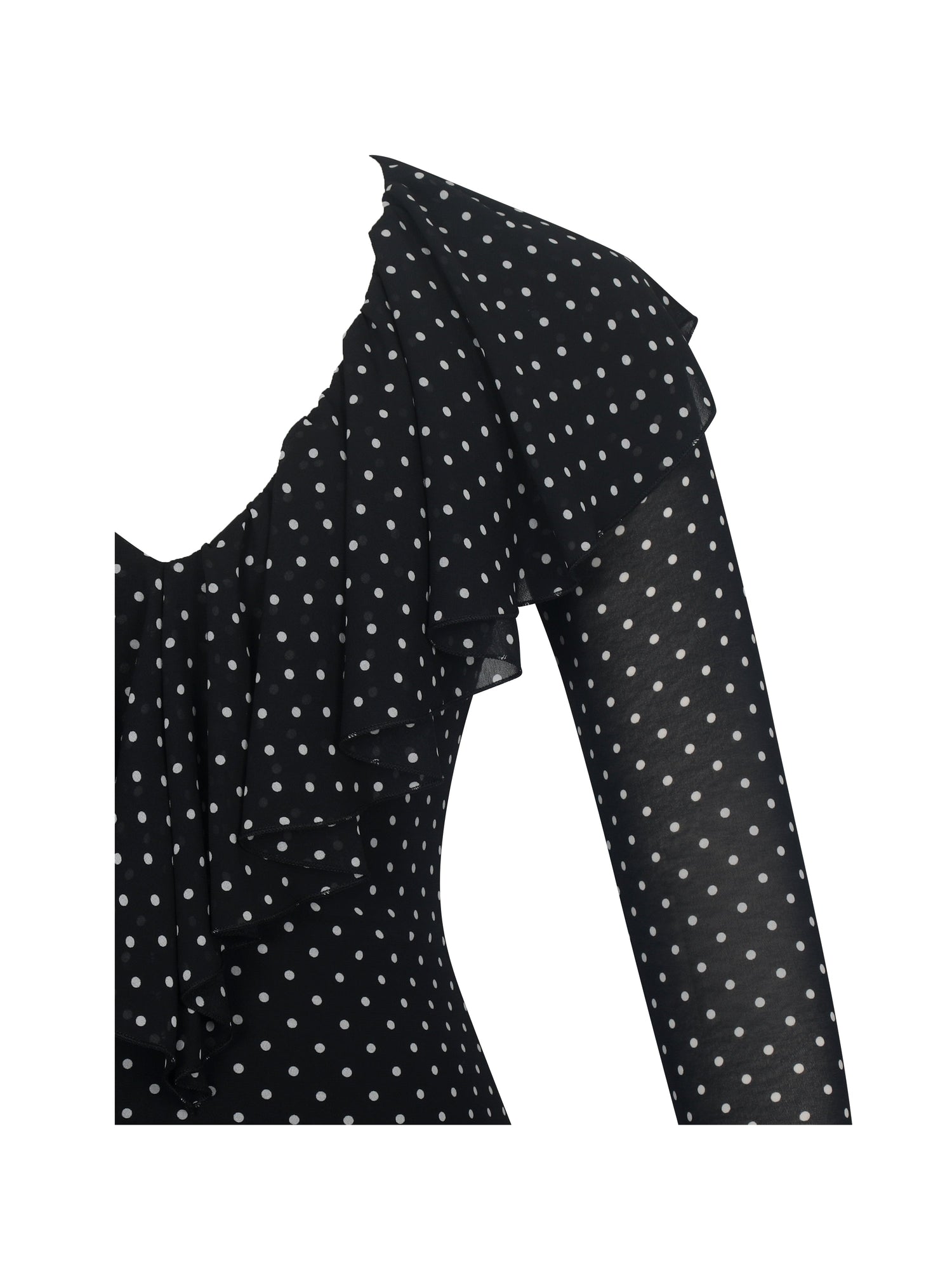 Omari Chiffon Polka Dot Ruffled Neckline Mini Dress | Black