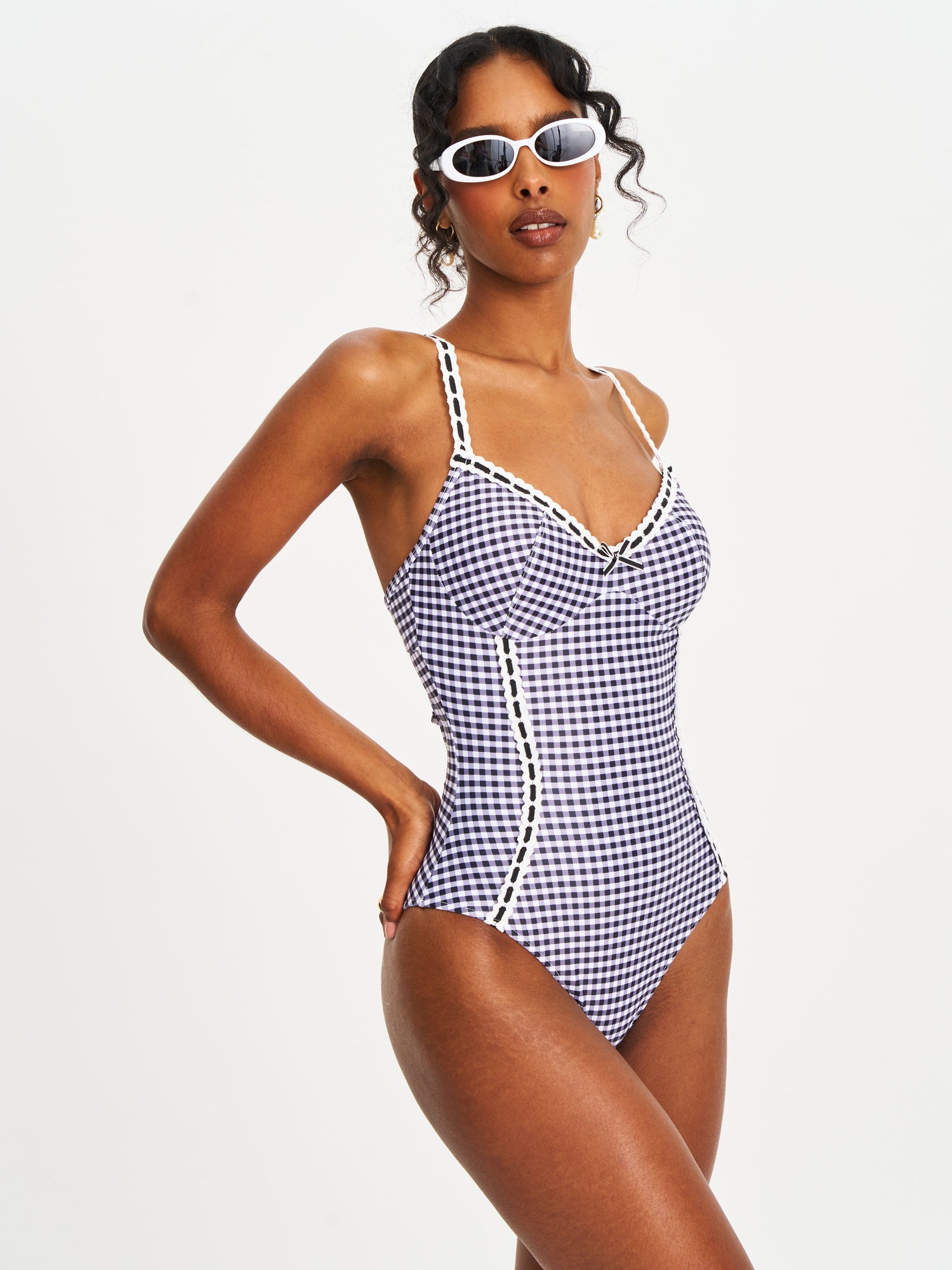 Gigi Lace Strap Backless Swimsuit | Black Gingham