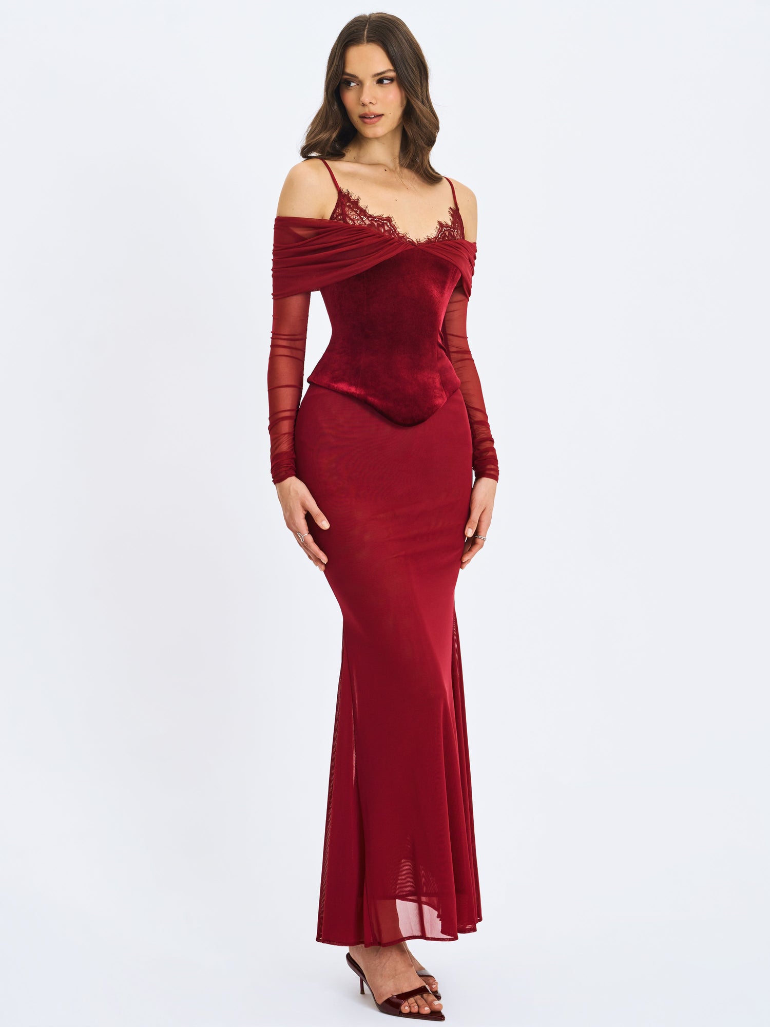 Maybelle Bardot Lace Strap Peplum Maxi Dress | Magenta