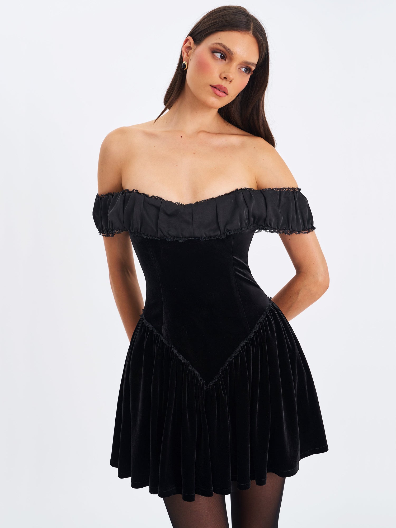 Daisha Lace Trimmed Off-Shoulder Ruched Mini Dress | Black