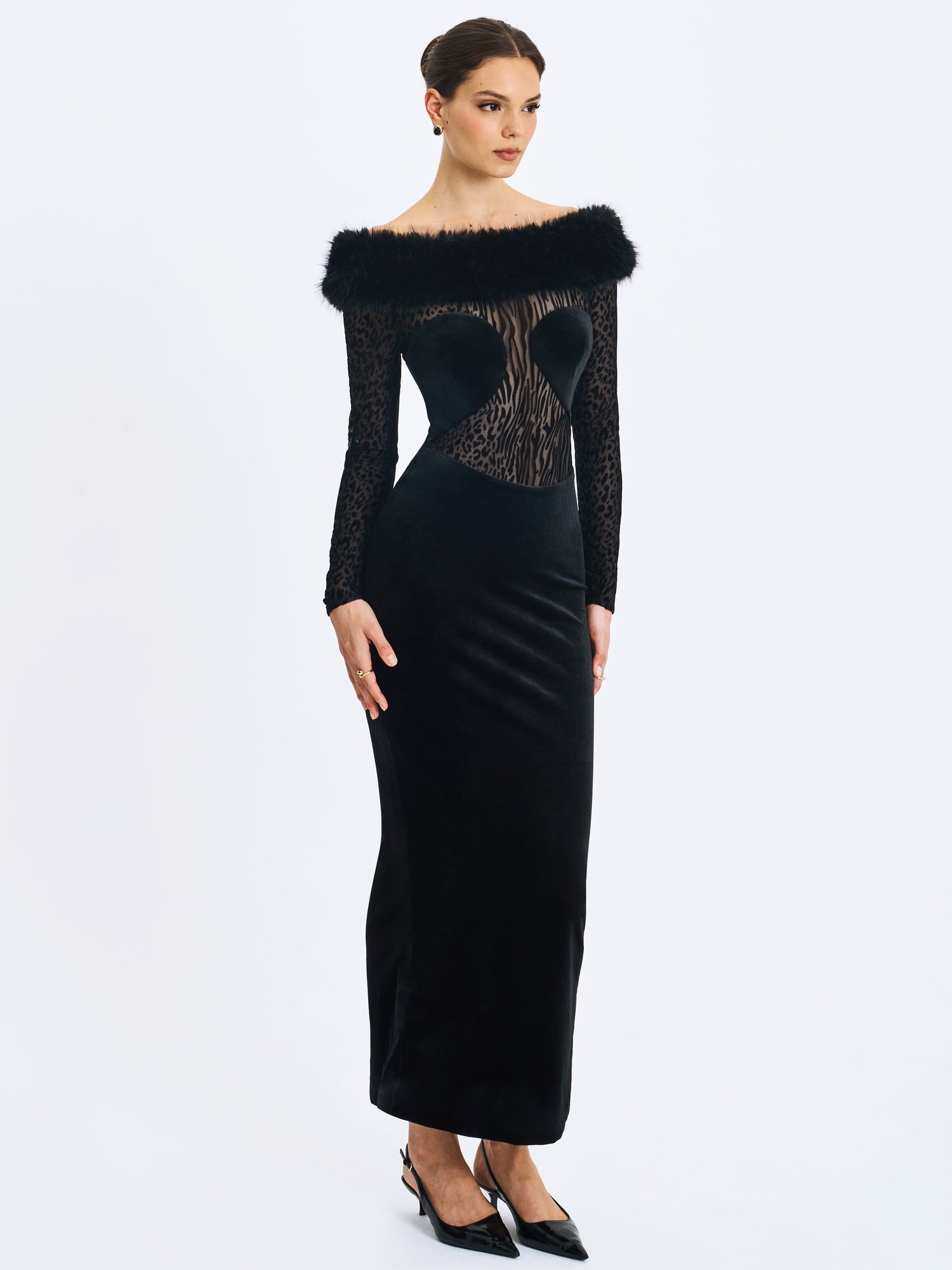 Alexis Velvet Animal Print Fur Boatneck Maxi Dress | Black