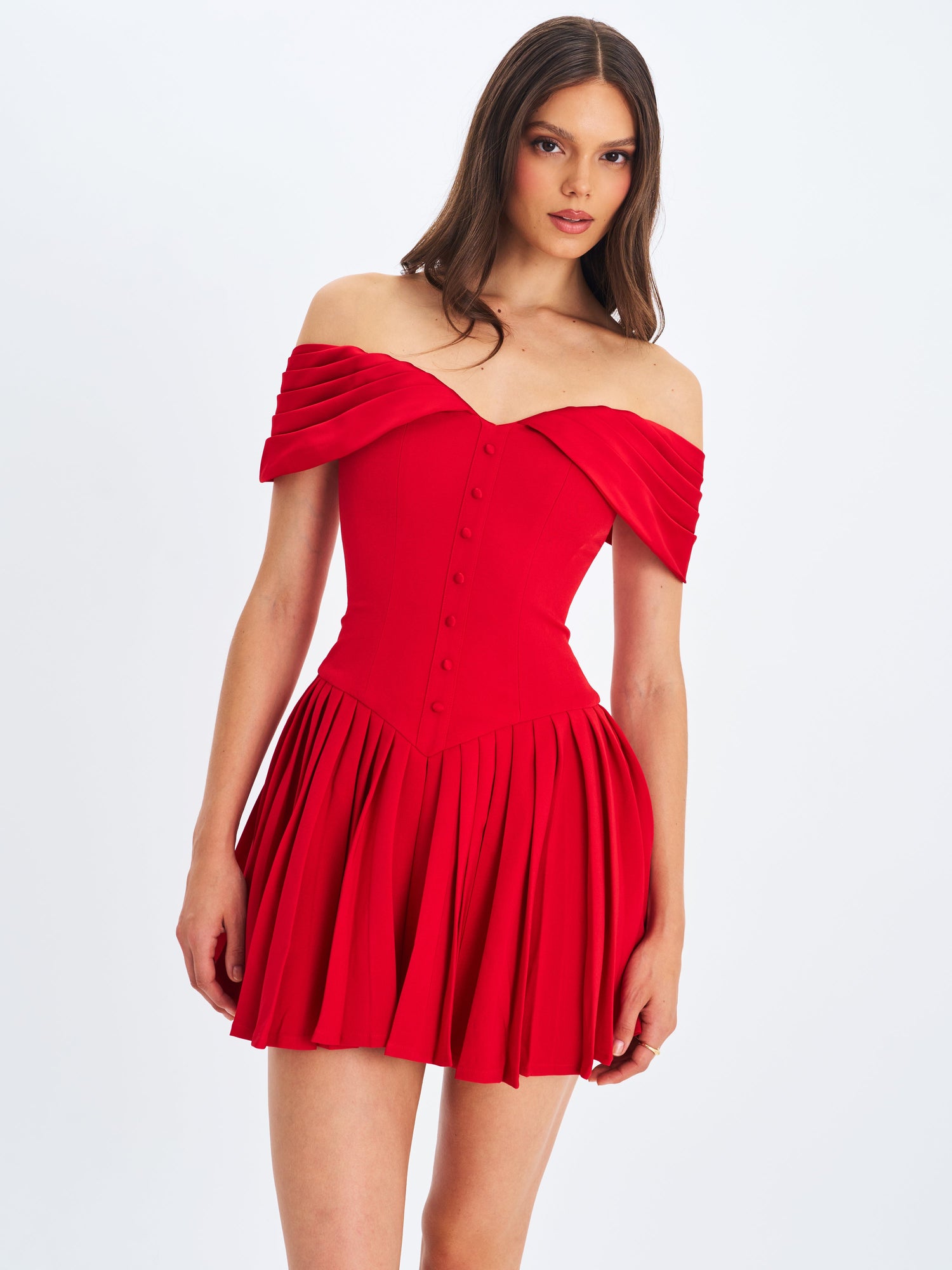 Narelle Off-Shoulder Sweetheart Drop Waist Mini Dress | Crimson