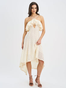 Idra Lace Trim Sleeveless Crochet Midi Trailing Dress | Beige