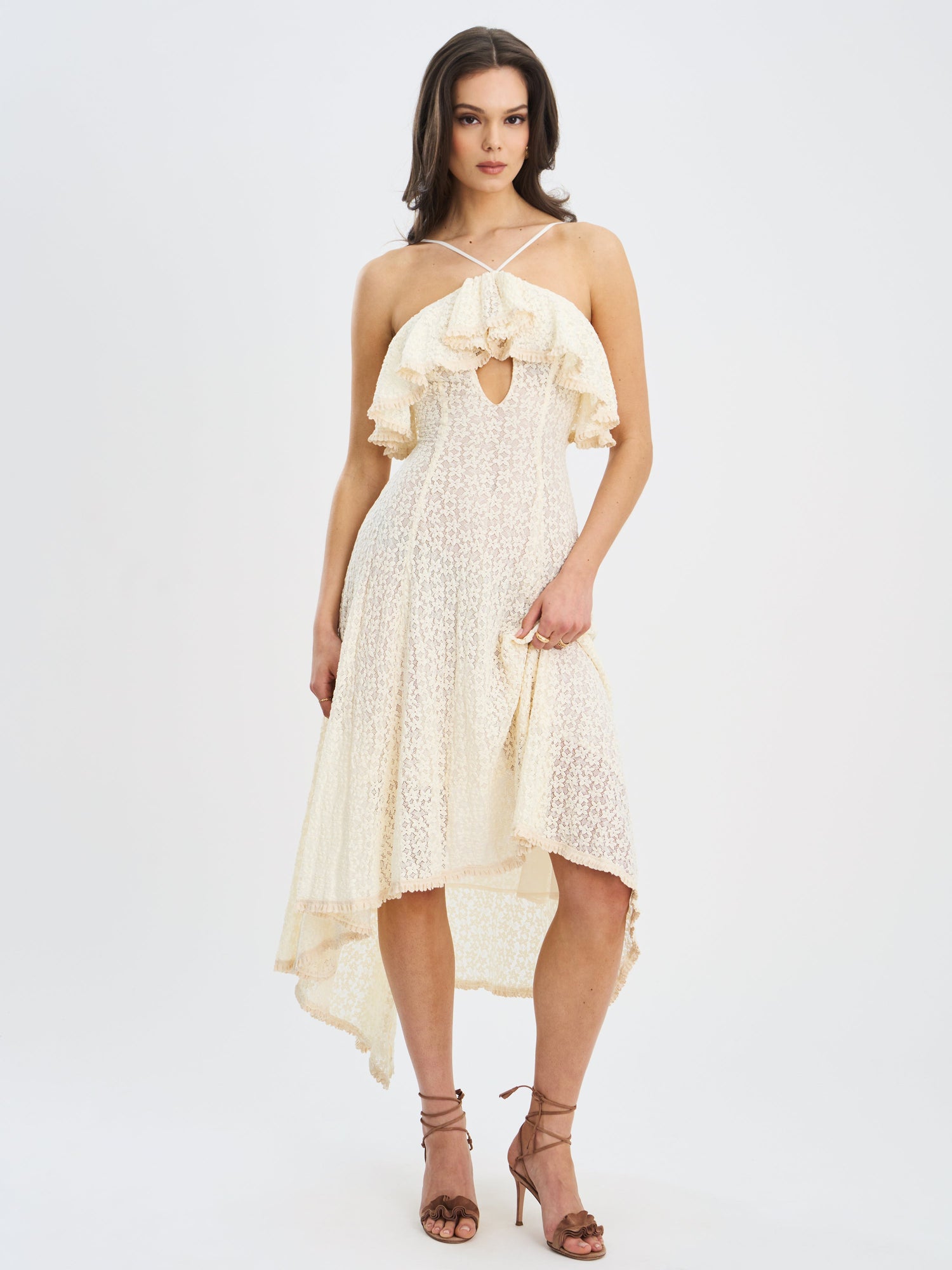 Idra Lace Trim Sleeveless Crochet Midi Trailing Dress | Beige