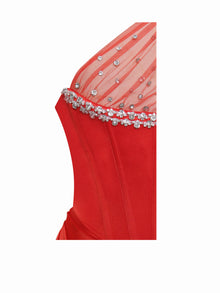 Lora Crystal Embellished Mesh Satin Corset Gown | Scarlet