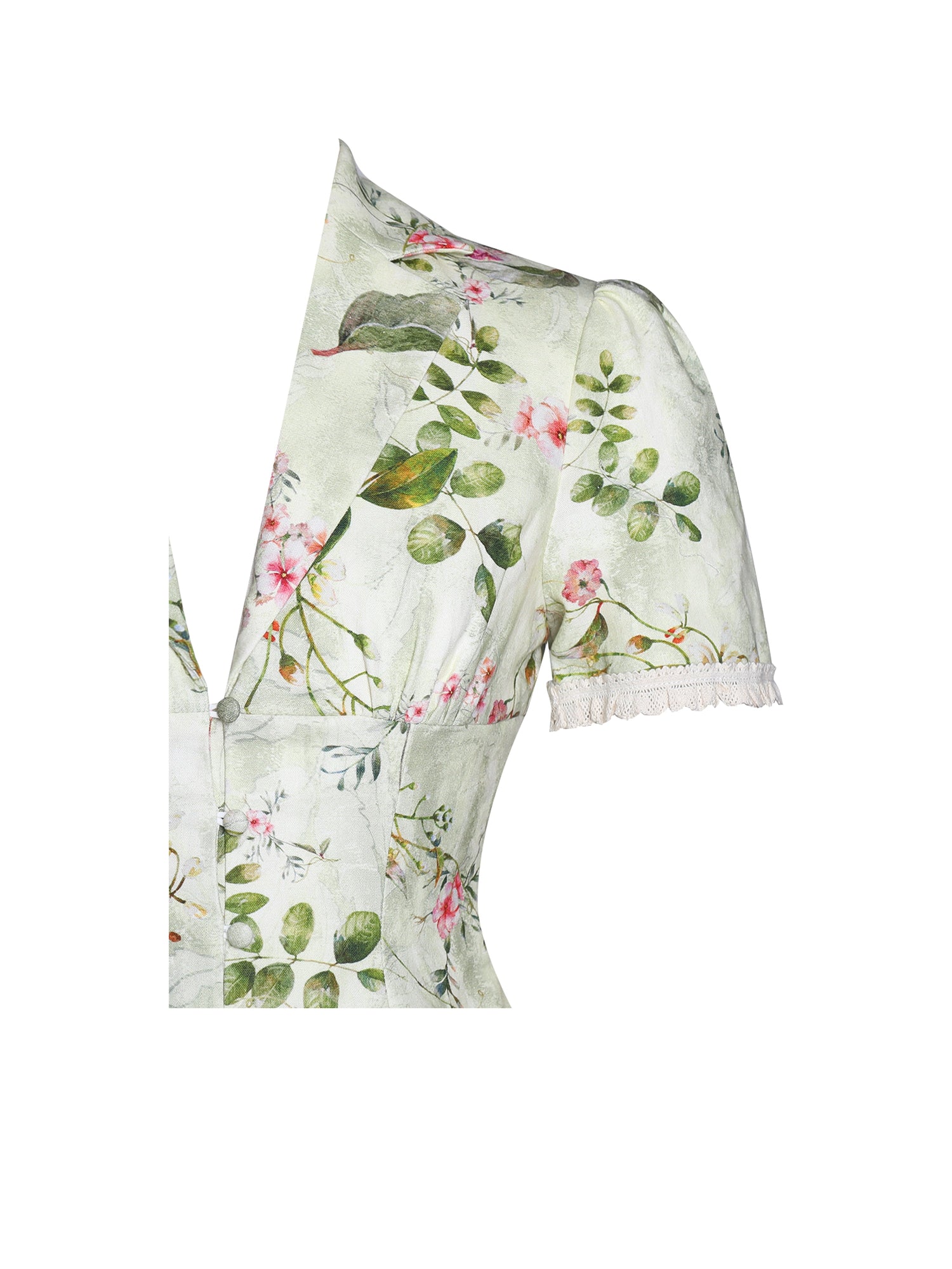 Zanella Floral Print Lace Trim Linen Top | Green