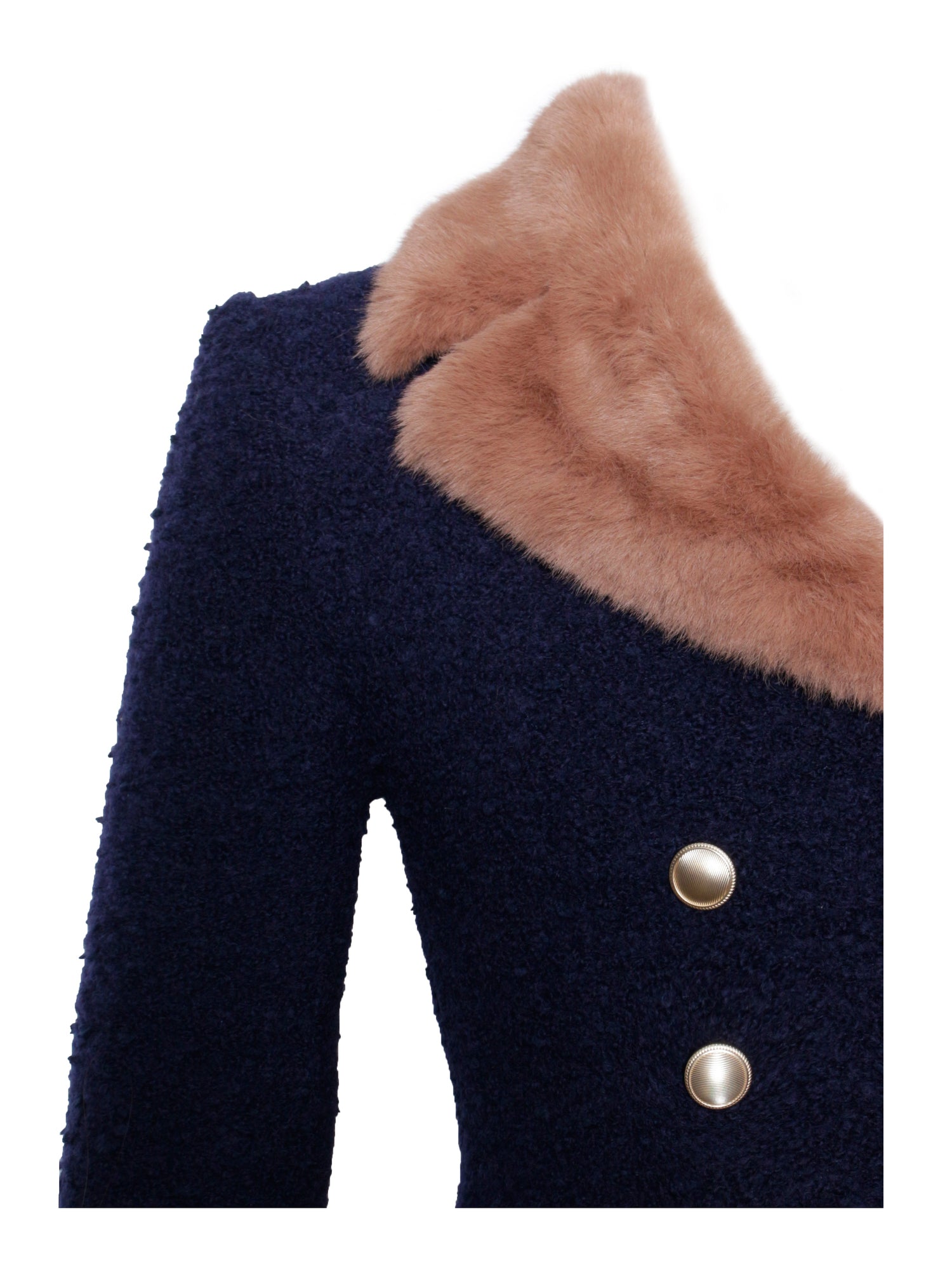 Wava Double Breast Fur Trim Cropped Boucle Wool Jacket | Navy Blue