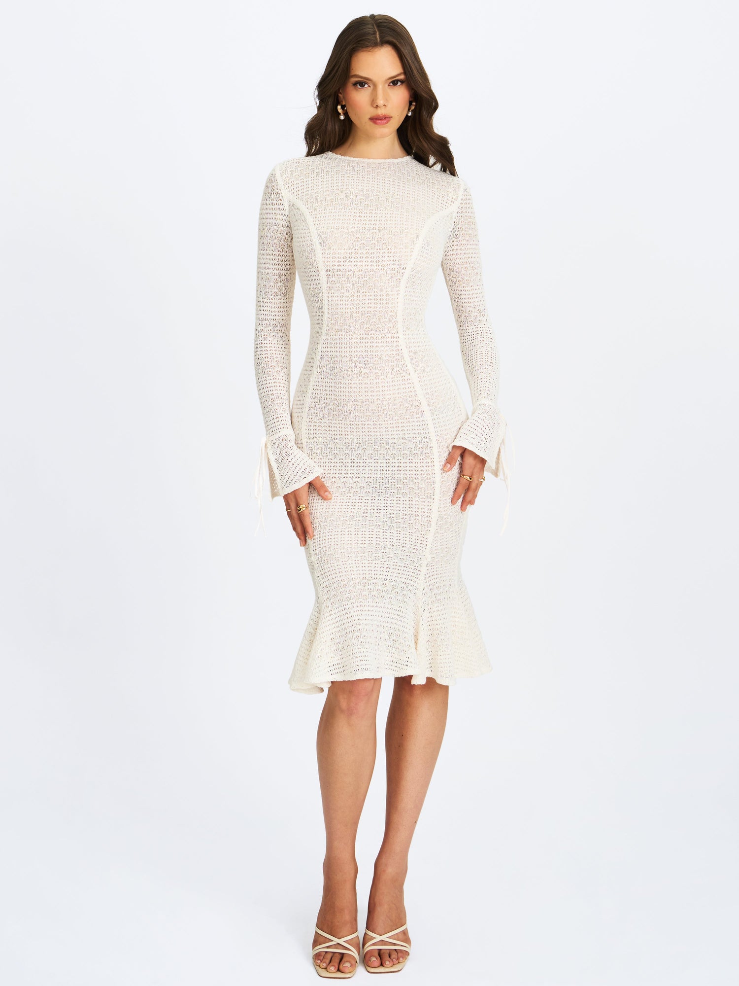 Pamina Crochet Long Sleeve Midi Flare Mermaid Dress | Beige