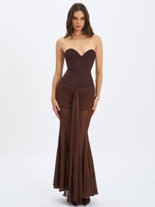 Giovana Sweetheart Draped Mesh Mermaid Maxi Dress | Espresso