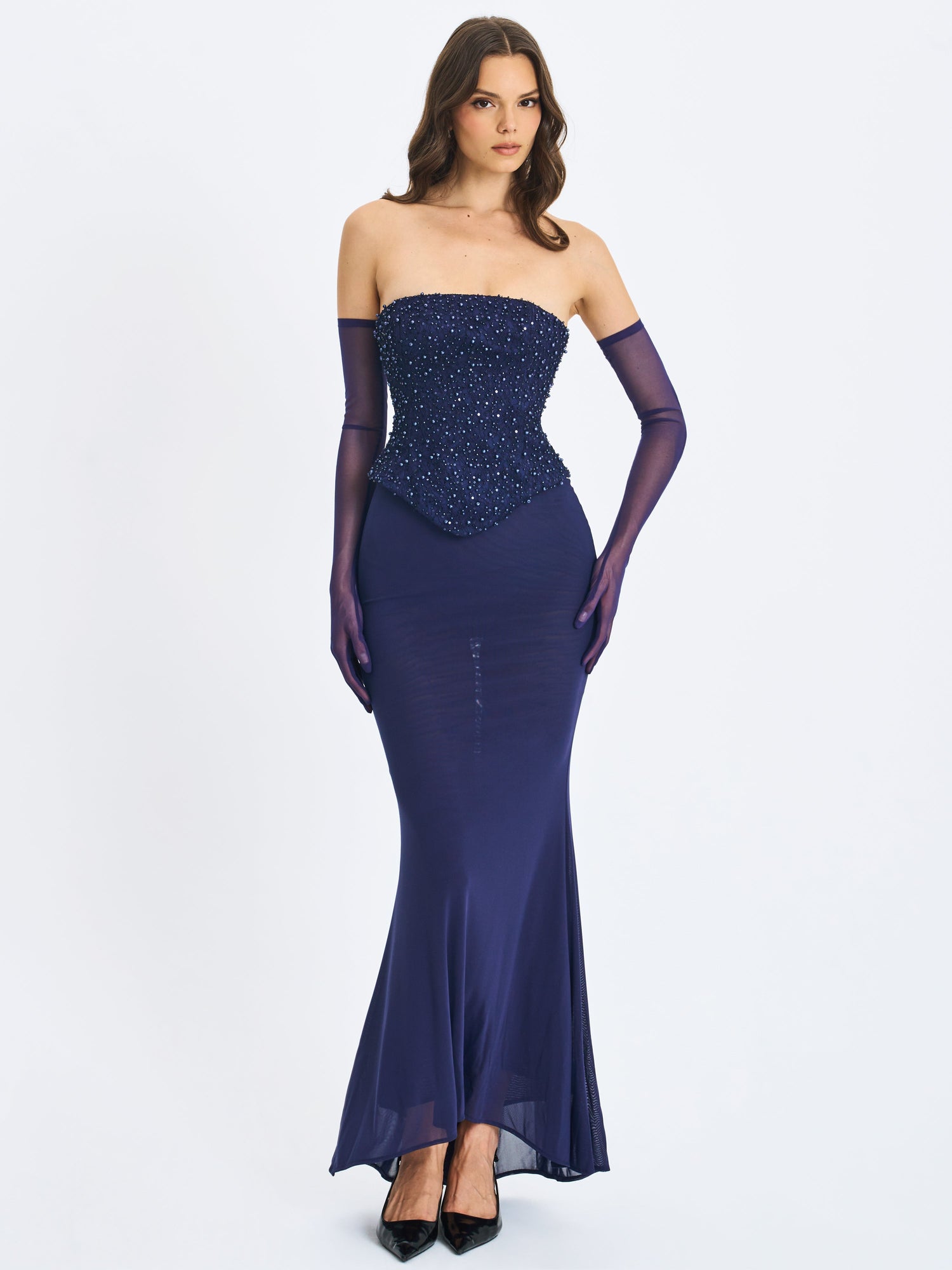 Orabelle Beaded Peplum Mermaid Maxi Gown with Lace-up Back | Navy