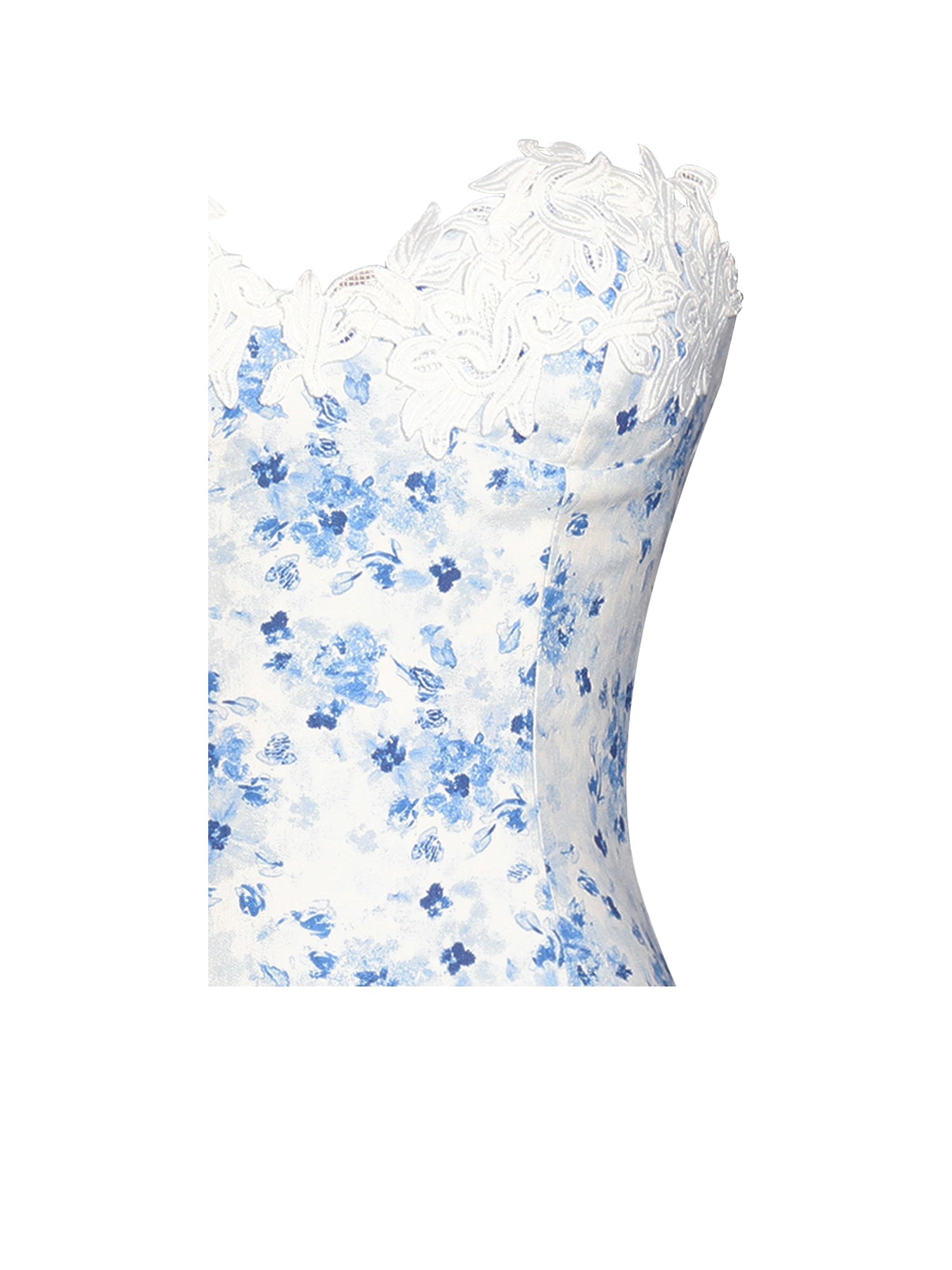 Taleah Floral Print Linen Mini Dress with Lace Trim | Blue