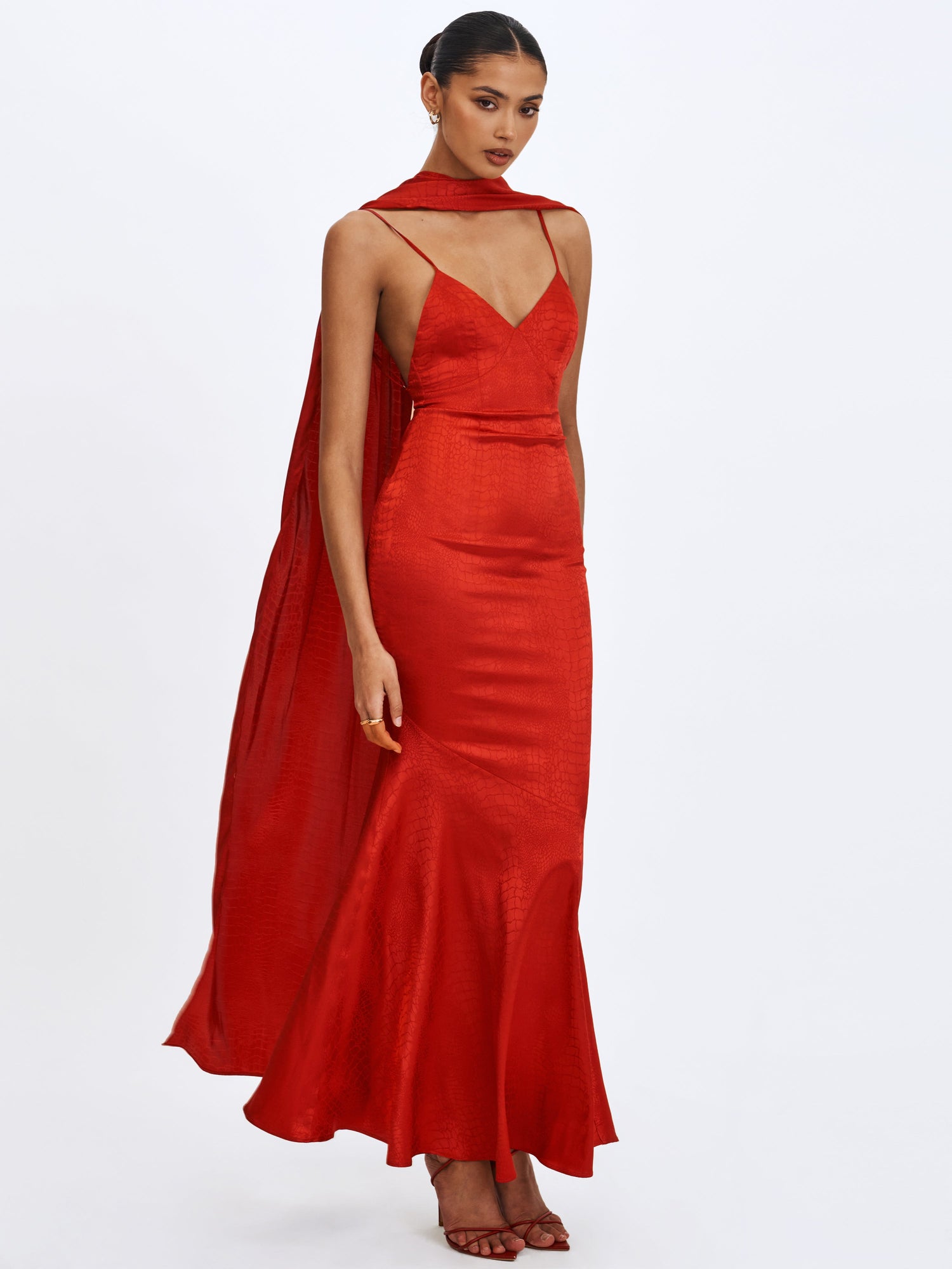 Kelsey Croc-Embossed Flared Hem Maxi Dress with Scarf | Scarlet