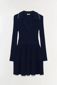 Navy ribbed knit mini dress with collared neckline and long sleeves.