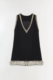Black sleeveless mini dress with silver beaded trim along the neckline, straps, and hem.