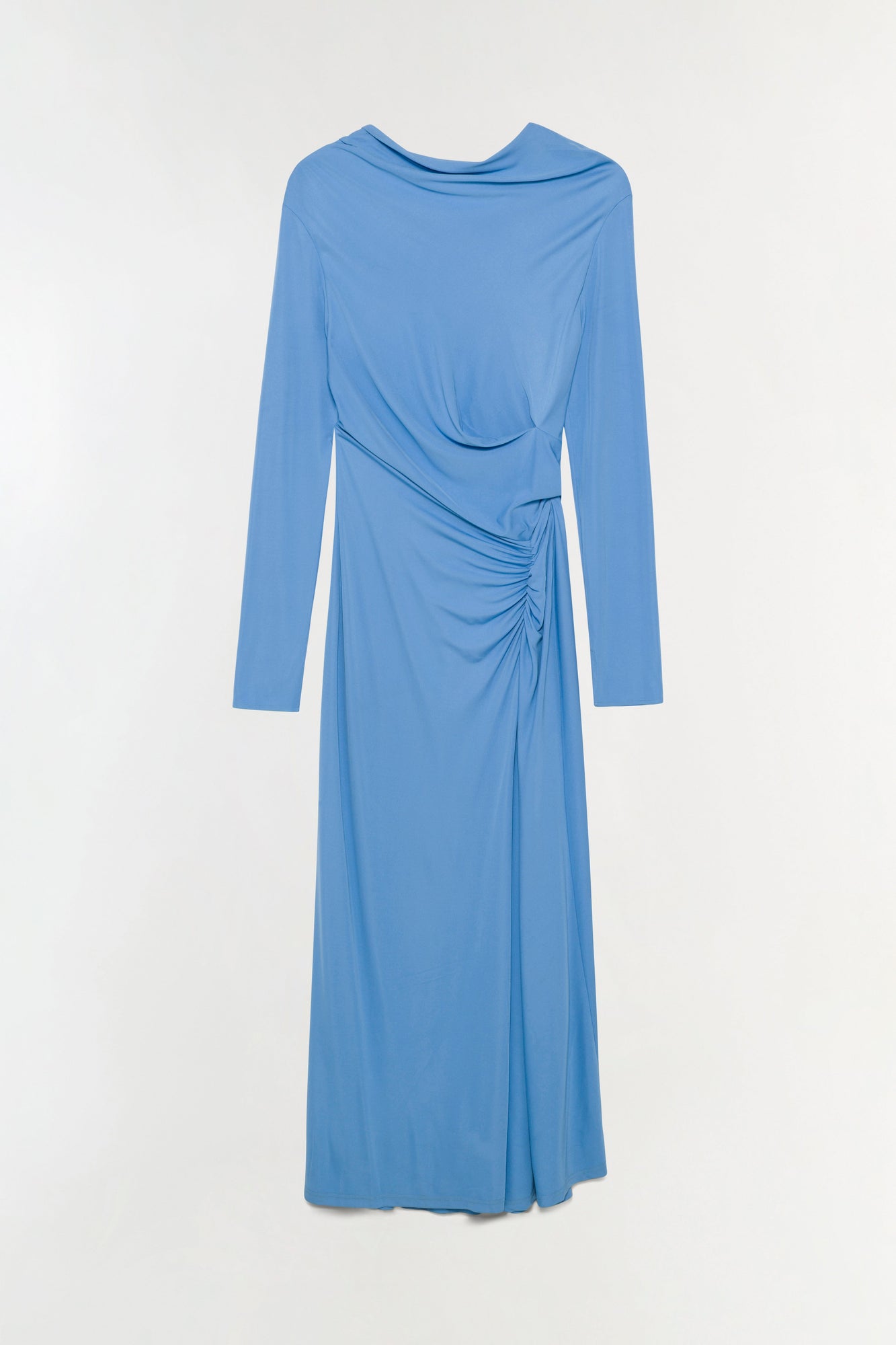 Blue jersey midi dress with draped neckline, long sleeves, and ruched side detail.