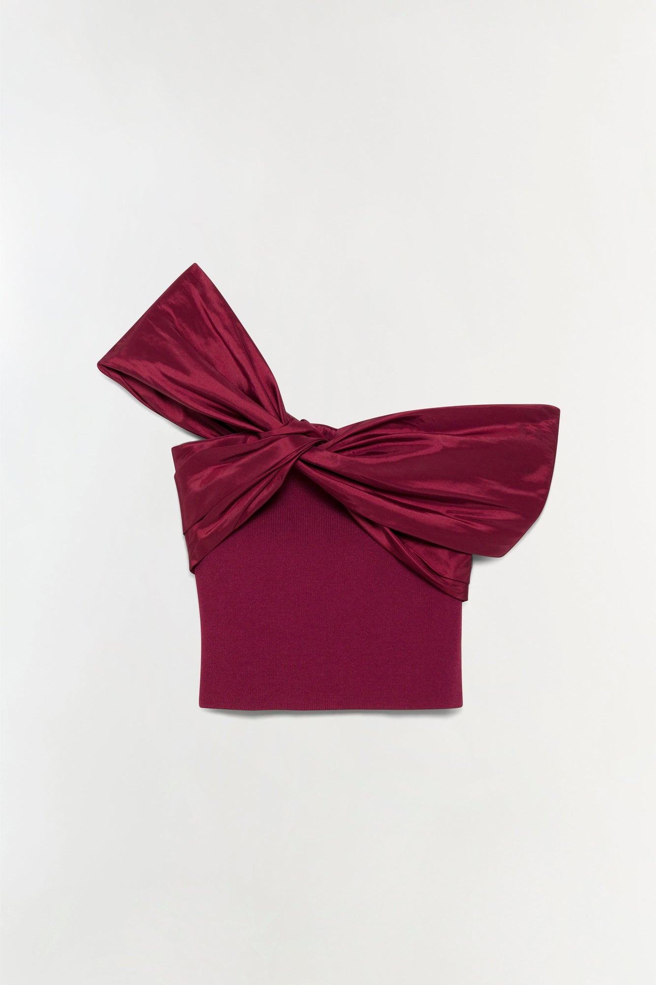 Burgundy off-shoulder top with gathered bow detail at neckline and ribbed fabric body.