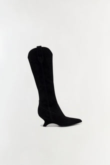 Black suede knee-high boot with a curved heel and center zipper, shown in profile on a neutral background.
