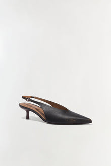 Black leather slingback heel with pointed toe and thin ankle strap.