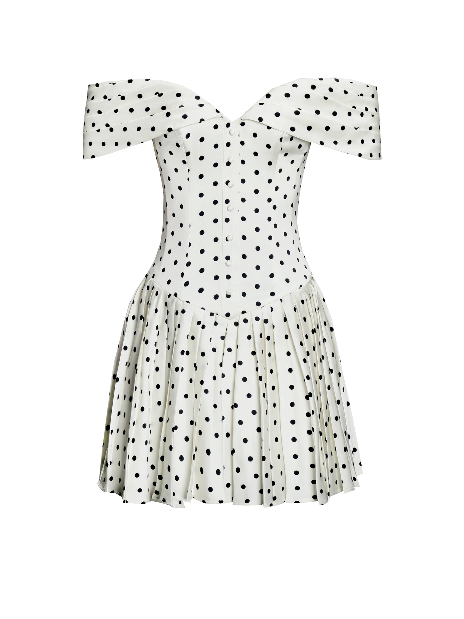 Edeline Polka Dot Off-shoulder Pleated Mini Dress | Black and White Polka Dot