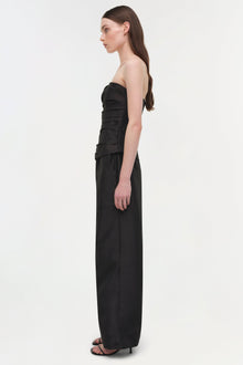 Black taffeta pull-on pants with high waist and straight leg silhouette, shown on model in side view.