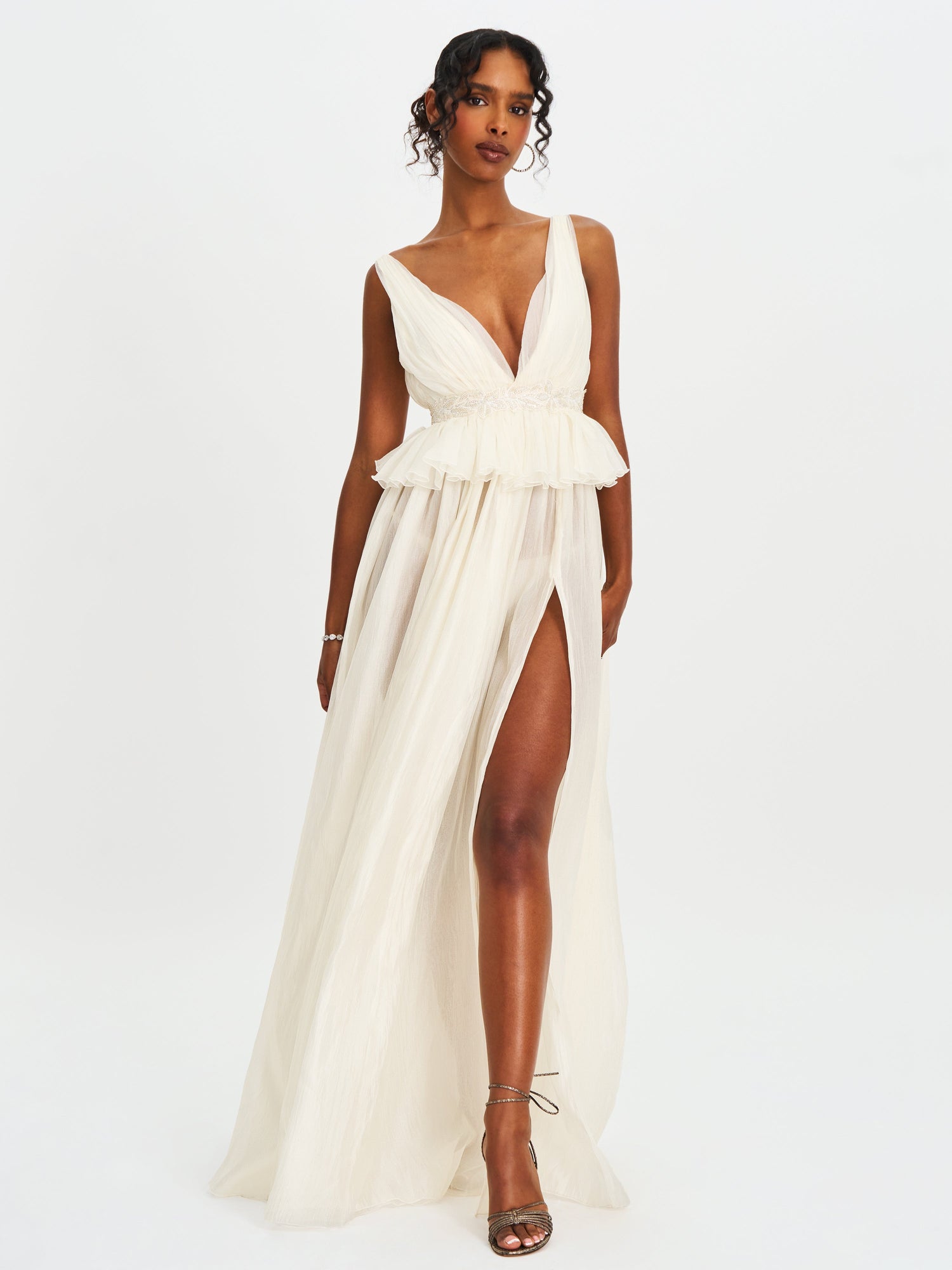 Calleigh Flare Beaded Belt Maxi Gown | Off White