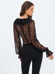 Taliah Sheer Lace Ruffled Collar Bodysuit | Black