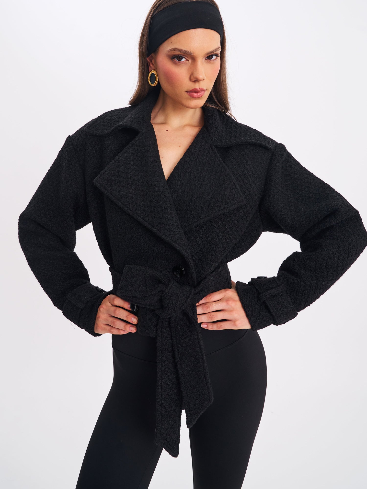 Dara Wool Blend Cropped Double-Breasted Belted Coat | Black