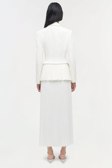 Cream pleated blazer midi dress with long sleeves, shown from back view on model wearing nude heels.